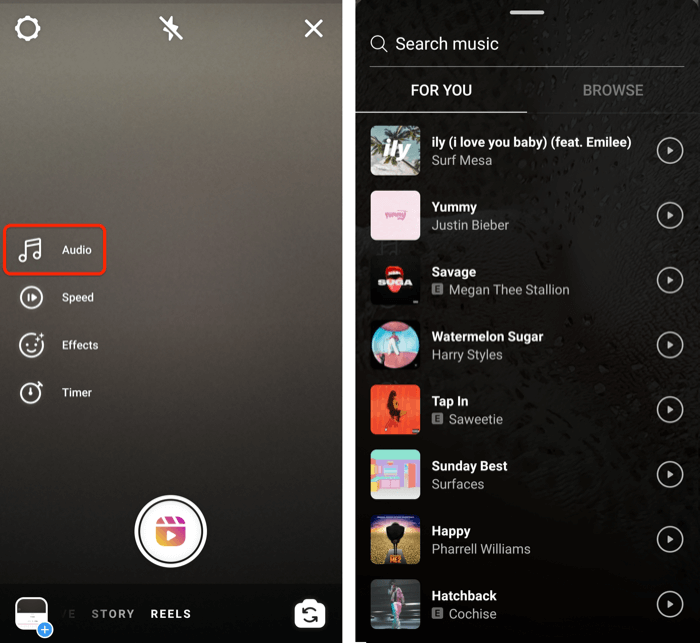 екранни снимки, показващи инстаграм макари аудио опции и няколко примерни песни на разположение