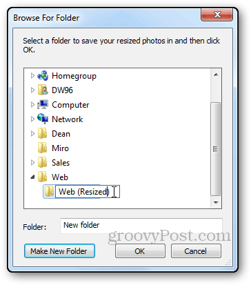 снимки преоразмеряване на урока Windows живо фотогалерия преоразмеряване определя директория направи нова папка преглед за папка диалог