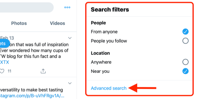 екранна снимка, показваща връзката за разширено търсене в полето за филтри за търсене в Twitter