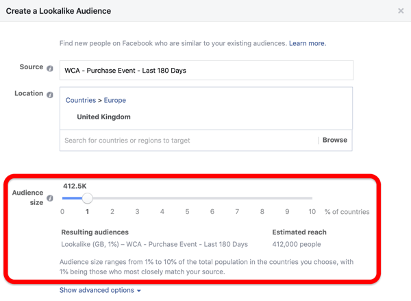 Опция за размер на аудиторията, когато създавате вашата Facebook Lookalike аудитория от вашата персонализирана аудитория.