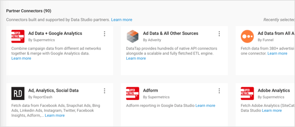 Google Data Studio предлага партньорски конектори, създадени от партньори на трети страни.