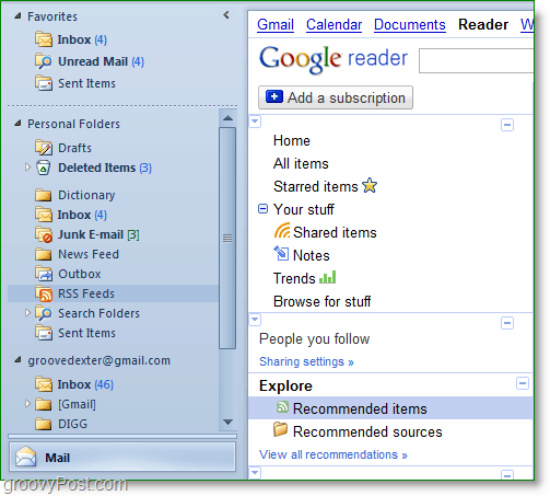Outlook & Google Reader - използване на Google Reader в Outlook