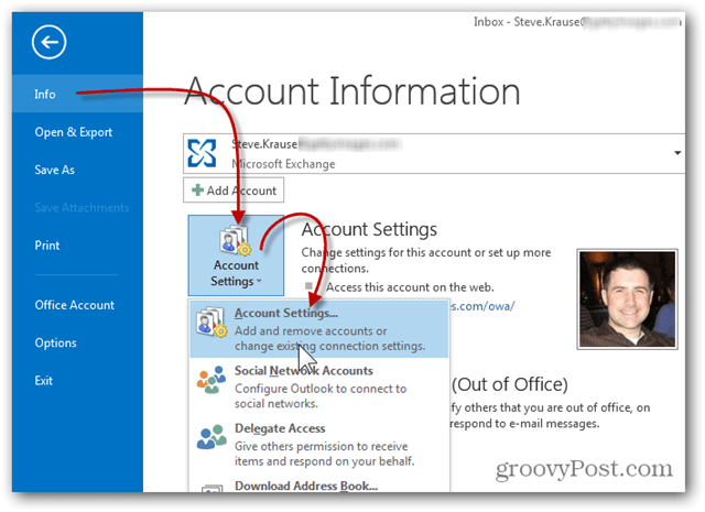 Добавяне на пощенска кутия Outlook 2013 - Щракнете върху Настройки на информационния акаунт