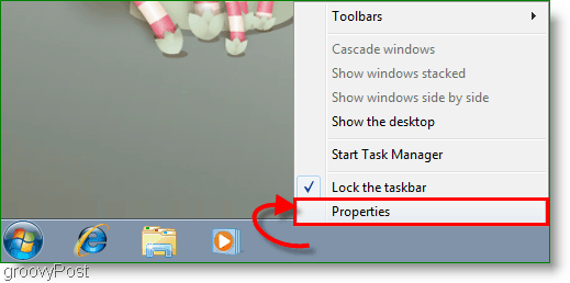 Windows 7 Properties от екрана на лентата на задачите