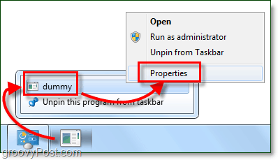 коригирайте свойствата на прекия път на задачите на Windows 7