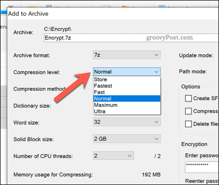 Опции за компресиране на файлове за архивен файл 7zip в Windows 10