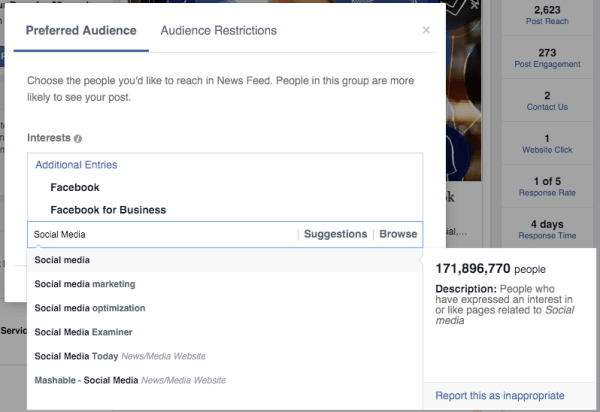 facebook оптимизация на аудиторията предпочиташе интересите на аудиторията