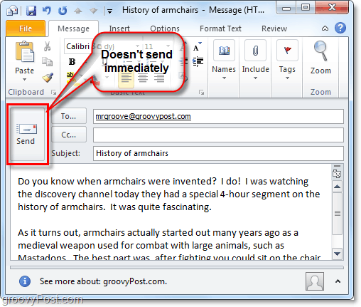 изпращането на имейл в Outlook 2010 не означава, че се доставя веднага