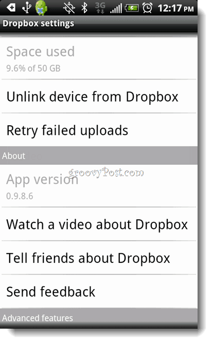 Деинсталиране на Android Dropbox