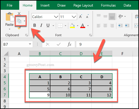 Копиране на клетки от Excel като таблица