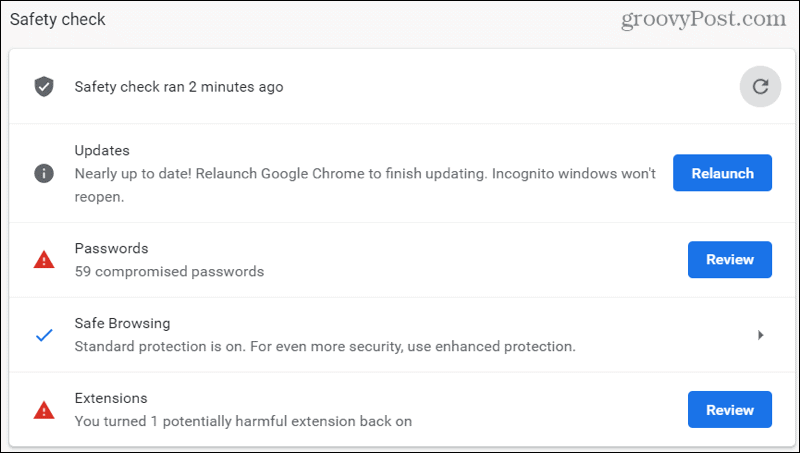 Резултати от проверката на безопасността на Chrome