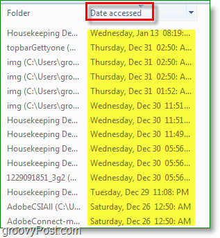 Дата на използване на екрана на Windows 7, достъпна при търсене.