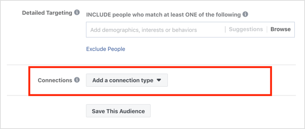 Раздел „Връзки“ в раздел „Аудитории“ на рекламна кампания във Facebook.