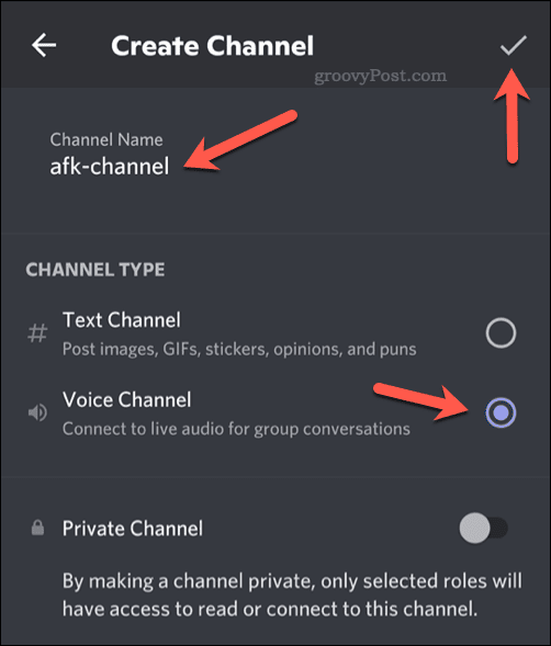 Опции за настройка за нов гласов канал в Discord