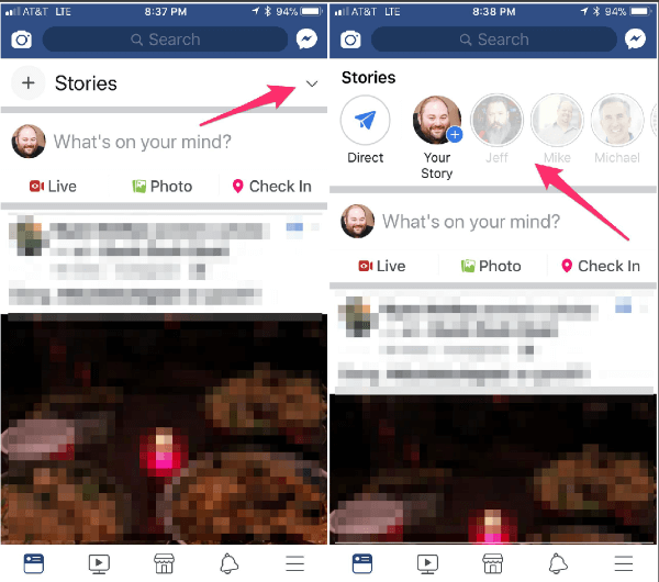 Facebook Stories разполага със сгъваемо меню и опция за възпроизвеждане на всички.