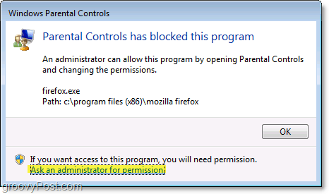изскачащ прозорец ще се покаже в Windows 7, когато политиката за родителски контрол го блокира