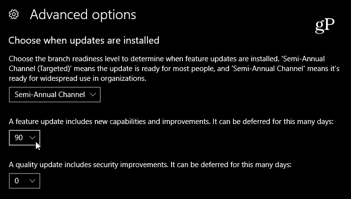 Изберете забавяне на функцията за актуализиране на Windows 10