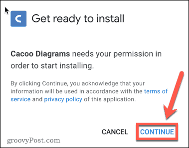 Потвърждаване на инсталирането на добавката Google Docs Cacoo