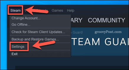 Опция Steam Settings в клиент на Windows 10