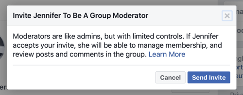 Как да подобрите общността си във Facebook, пример за съобщението във Facebook, когато член е избран за модератор на група