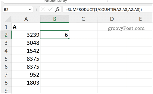 Изчисляване на общия брой уникални стойности в диапазон от клетки в Excel