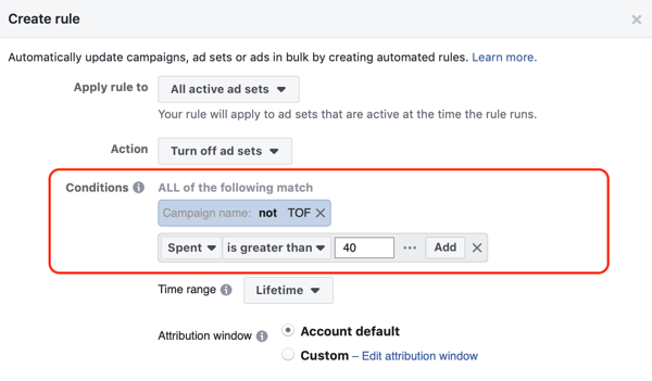 Използвайте автоматизирани правила на Facebook, спрете задаването на реклами, когато разходите са два пъти по-големи и по-малко от 1 покупка, стъпка 2, настройки на условията