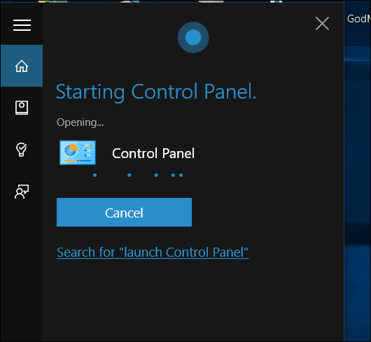 Windows 10 Cortana Open панел за управление
