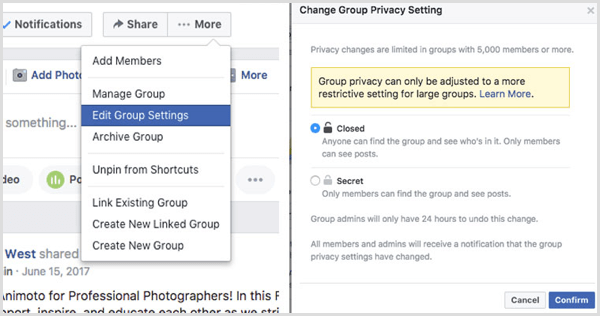 Facebook група променя настройката за поверителност