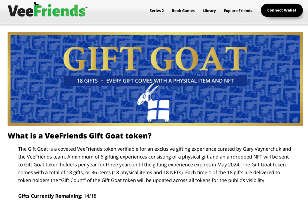 изображение на предимствата на VeeFriends Gift Goat token на уебсайта на VeeFriends