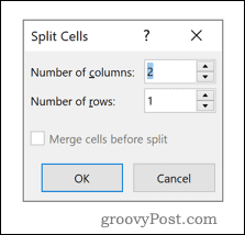 Меню за опция Word Split Cells