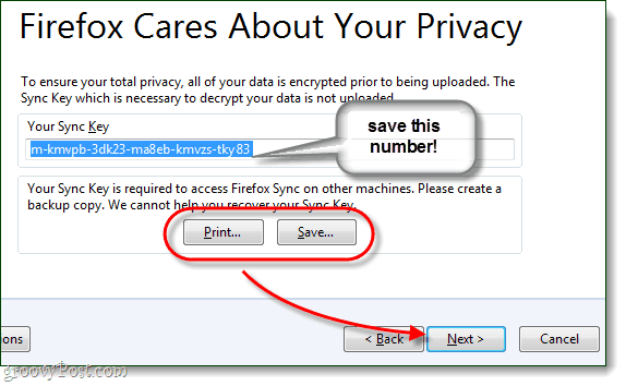 запишете вашия ключ за синхронизиране на Firefox, много важно