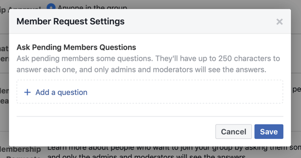 Как да подобрите общността на групата си във Facebook, пример за настройките за заявка за член на група от Facebook, позволяващи нови въпроси за членове
