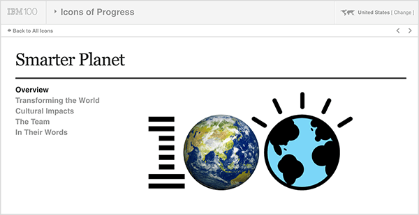 Това изображение е екранна снимка от IBM Smarter Planet. В горната част има светлосива лента. Отляво надясно на тази лента се появява следното: логото на IBM 100, падащото меню Icons of Progress, САЩ (което показва държавата на потребителя). Под сивата лента има бяла страница с подробности за инициативата. Под заглавието „Умна планета“ се намират следните опции: Общ преглед, Трансформиране на света, Културни въздействия, Екипът и С техните думи. Вдясно от тези опции има голямо лого 100. 1 е на ивици като логото на IBM, първата нула е снимка на земята, а втората нула е илюстрация на земята. Кати Клоц-Гост казва, че IBM Smarter Planet е добър пример за използване на съвместно разказване на истории за разработване на нови идеи за вашата компания, като си сътрудничите с вашите партньори или клиенти.