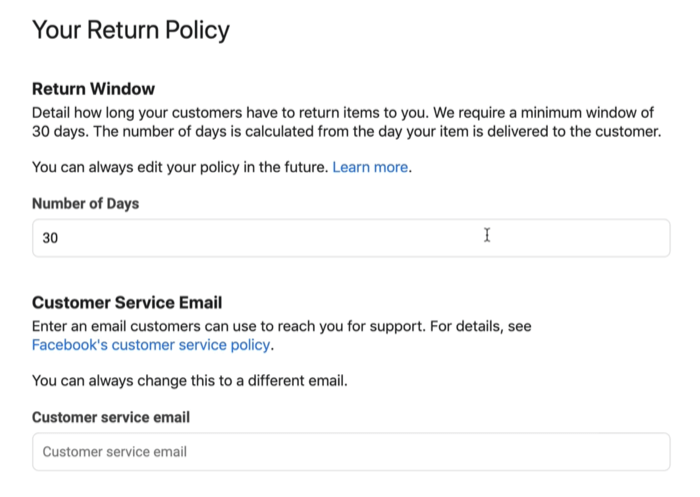 пример на екранна снимка на политиката за връщане във facebook магазин и имейл за обслужване на клиенти, които може да са налични