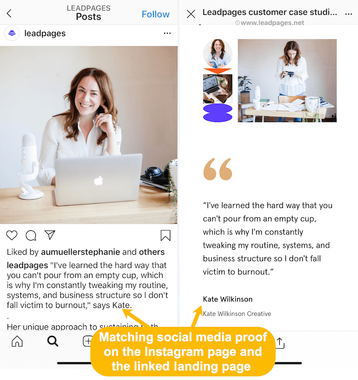 съвпадащи истории на клиенти в емисия на Instagram и свързана целева страница