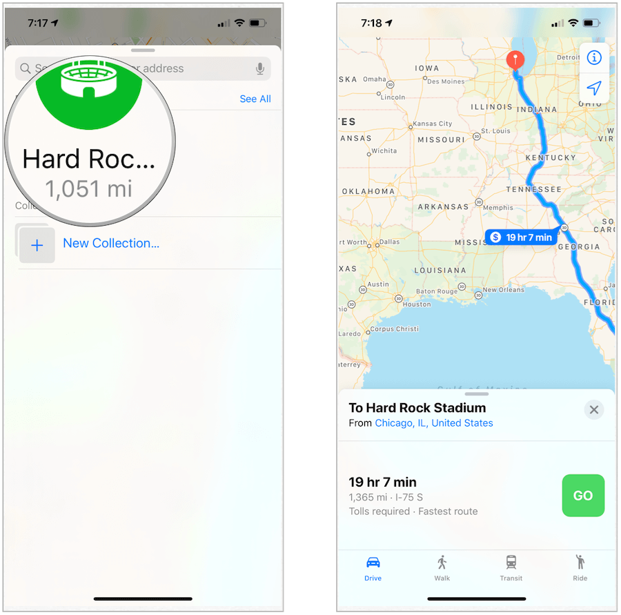 Маршрут на Apple Maps към любими
