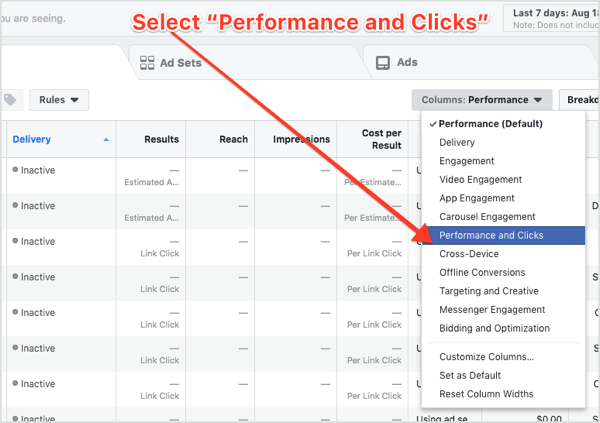 Изберете Performance and Clicks от падащото меню Columns в Facebook Ads Manager.