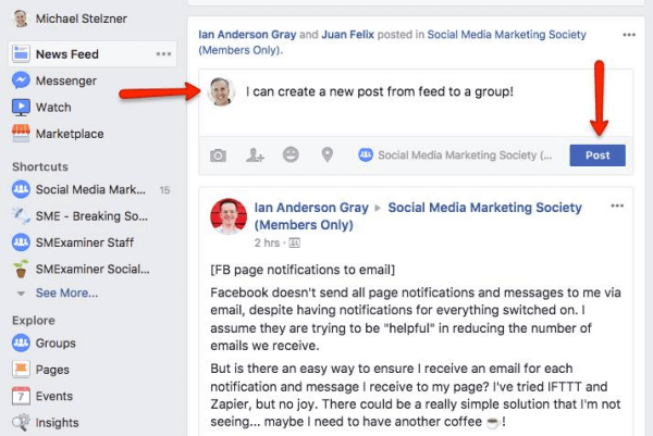 Facebook вече позволява на потребителите да публикуват директно в групи от News Feed.