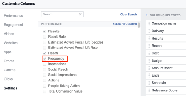 facebook ad manager персонализирайте колони, за да добавите честота