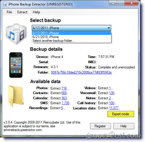 iPhone Backup Extractor Изберете резервно копие