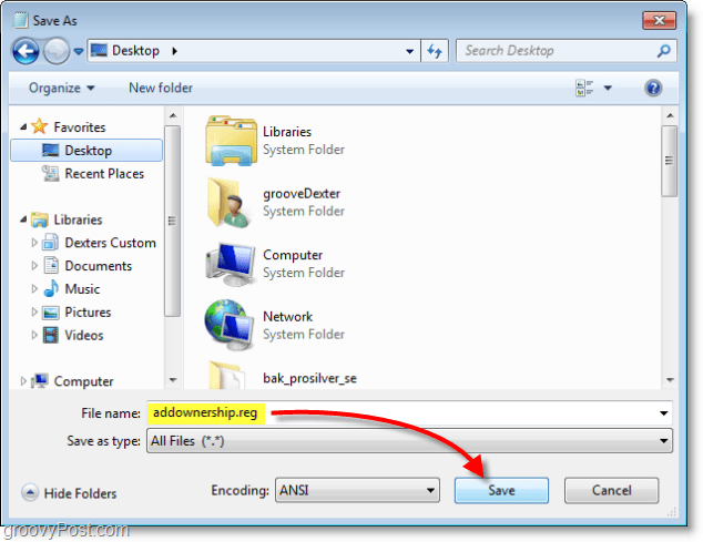 Снимка на Windows 7 - запазете като addownership.reg