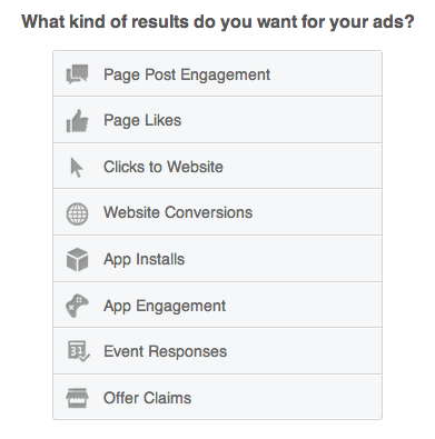 опции за цел на рекламата във facebook