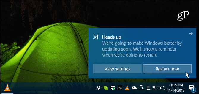 Съобщение за рестартиране на Windows 10
