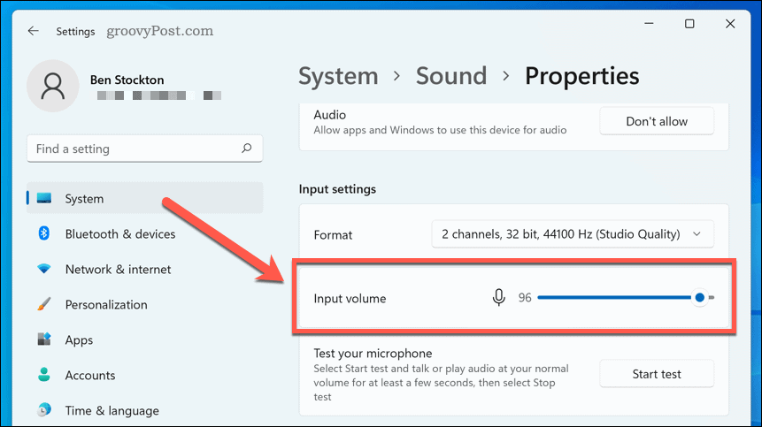 Конфигуриране на настройките за сила на звука на микрофона в Windows 11