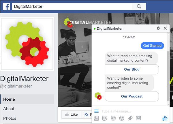 DigitalMarketer използва ботове ManyChat за взаимодействие чрез Facebook Messenger.