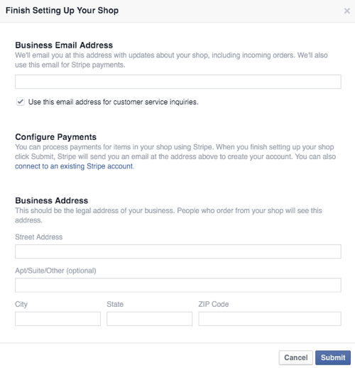 конфигуриране на facebook магазин бизнес и данни за плащане