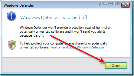 Деактивирайте Windows Defender Vista