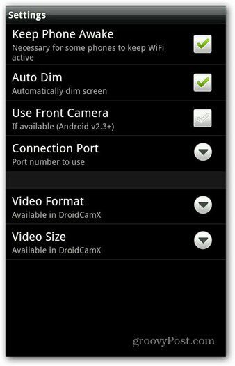 Настройки за приложение на DroidCam за Android