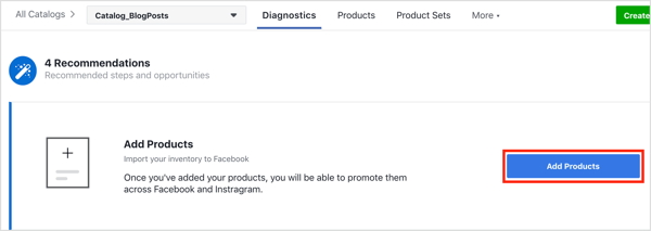 Щракнете върху бутона Добавяне на продукти, за да добавите продукти към вашия Facebook каталог.