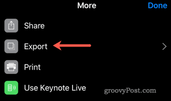 Започнете процеса на експортиране от Keynote към PowerPoint на iOS